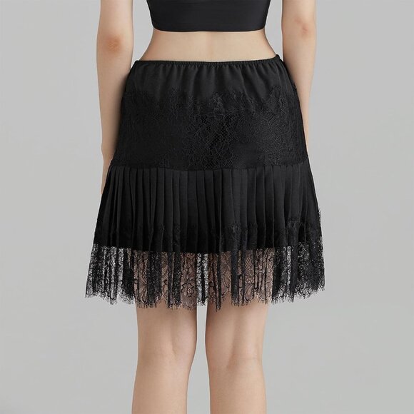 Women's Black Lace Ruffle Mini Pleated Sexy Mid Waist Layered Flowy Slip Skirt - Picture 6 of 7